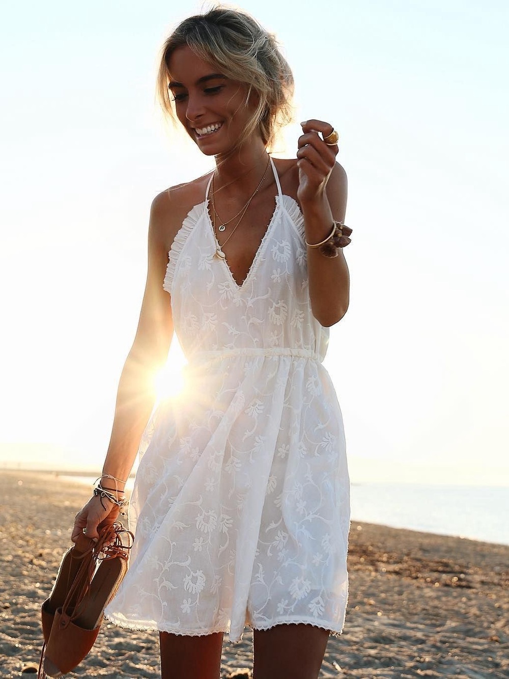 Zara White Embroidered Halter Mini Dress Double Lined Tassel Tie XS - Picture 2 of 10